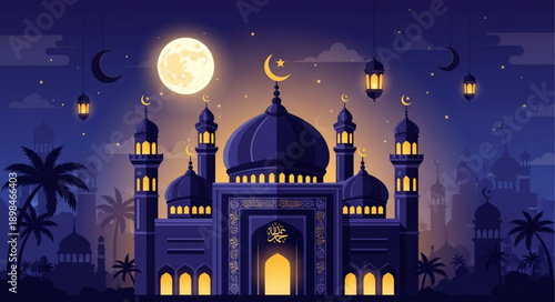 Beautiful Islamic mosque illuminated at night under a full moon.