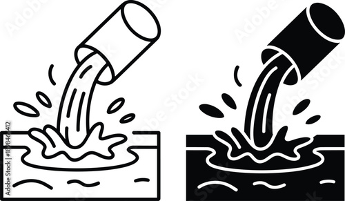 Professional vector icon showing liquid being poured from a cylinder into a pool of fluid, creating a dynamic splash and ripples, suitable for chemistry and industrial design graphics.