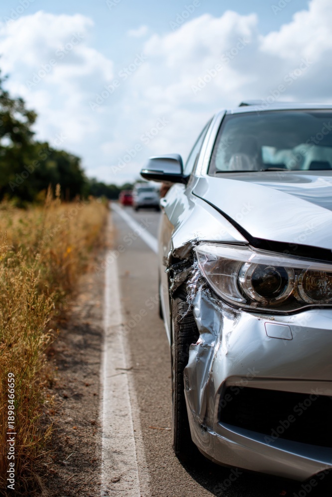 Fototapeta premium Silver car with front damage on rural roadside in daylight scene