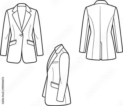 Technical line art vector illustration of women tailored blazer jacket with front back and side views formal apparel design template