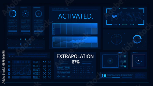 Futuristic interface displaying activated systems and data extrapolation progress