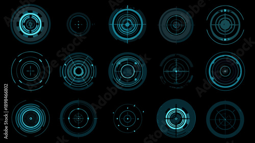 Collection of futuristic teal crosshair designs on a black background
