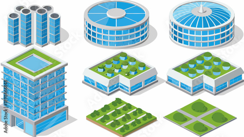 Isometric building blocks depicting various modern architectural structures