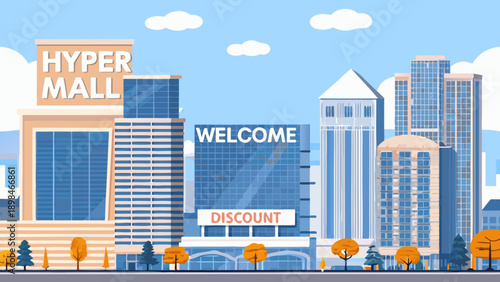 A colorful illustration depicts a modern cityscape with a hyper mall
