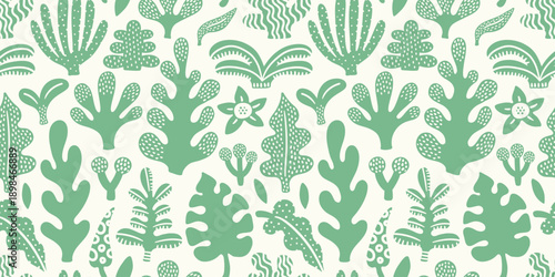 Seamless jungle tropical abstract pattern with palm leaf, leaves, flowers, plants, greenery. Summer texture. Vector illustration. White background, green objects. Monochrome surface pattern design.