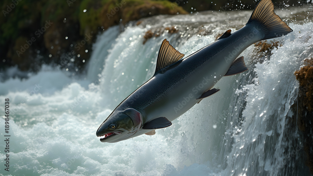 Obraz premium Salmon leaping up waterfall. Incredible salmon determination. Nature's astonishing fish behavior. Salmon migration challenges and triumphs.