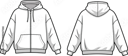 Technical line art vector illustration of zip up hoodie sweatshirt front and back views casual streetwear apparel design template