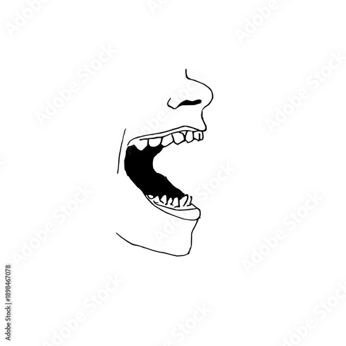 A side view line drawing of a mouth open wide with teeth and tongue visible on a white background