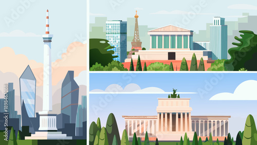 Stylized cityscape featuring iconic landmarks from multiple global cities