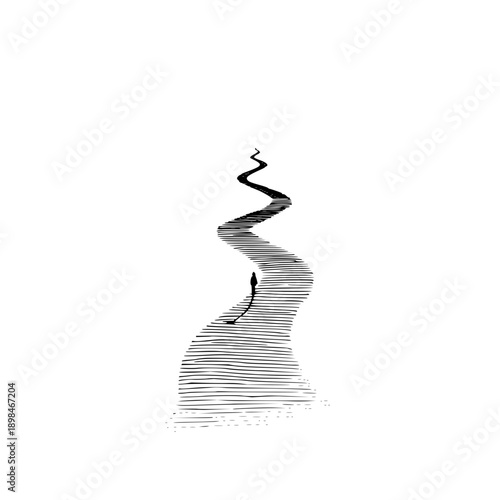 A lone figure walks a winding path rendered in stark black lines against a bright white background space