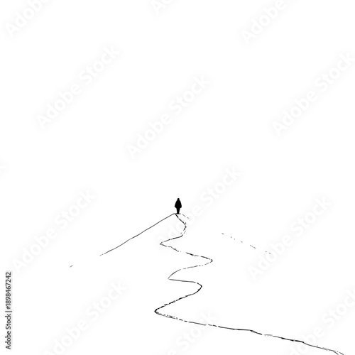 A lone figure walking on a snowy path in a minimalist black and white landscape on a bright white day