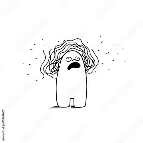Cartoon character with tangled hair and a surprised expression stands alone on a white background space