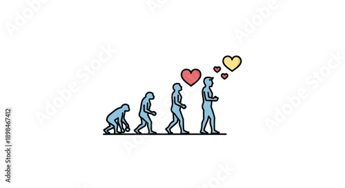 Human evolution concept showing progression from ape to modern human with hearts.