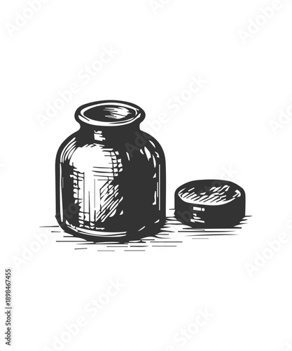 Vintage inkwell ink bottle with open cap drawing