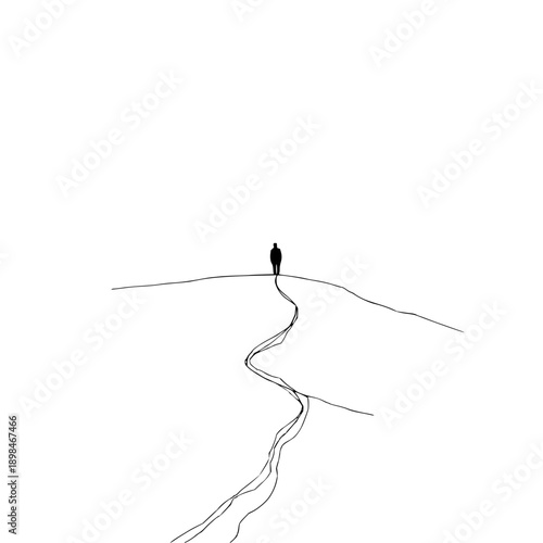 Silhouette of a person standing on a hill with a winding path in a minimalist black and white drawing