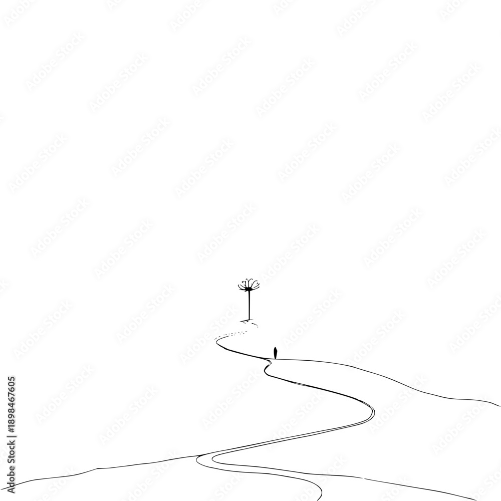 Obraz premium A minimalist drawing of a person walking on a winding path towards a flower like structure on a hill top