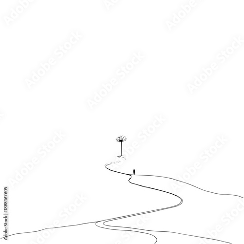 A minimalist drawing of a person walking on a winding path towards a flower like structure on a hill top