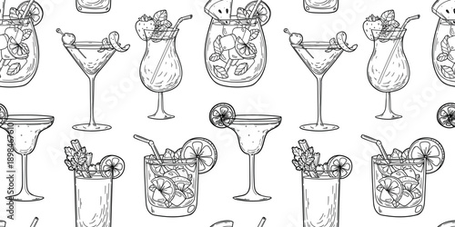 Alcoholic cocktails hand drawn seamless pattern. Vector drawing illustration. Engraved style. Design template.