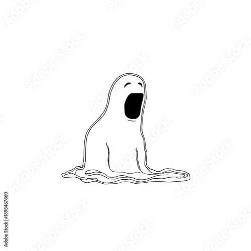 A whimsical drawing of a cartoon ghost with a gaping mouth and a flowing, amorphous body on white background