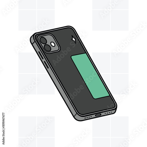 Black smartphone with green screen protector and dual camera