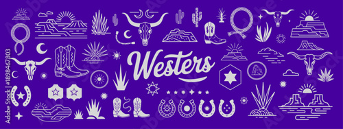 Western doodle illustration vector set with boots, skull, cactus, rope, horseshoe, desert elements and sheriff badge, Perfect for t-shirt, wild west designs, vintage and rustic desings