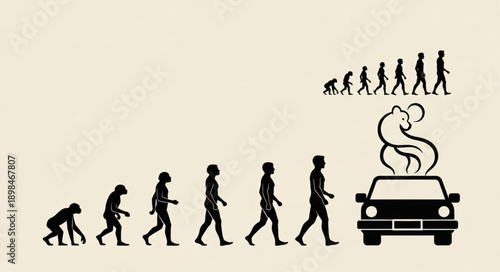 Human Evolution Progression To Modern Technology Car.