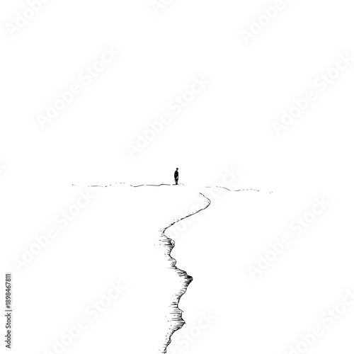 A lone figure standing on a stark white landscape with a jagged line leading to the horizon point view