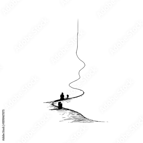A minimalist illustration of a person and dog sitting on a path with a wavy line above them in black