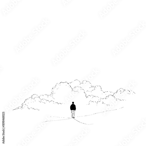 A lone figure walks towards a large cloud formation on a path in a minimalist black and white drawing