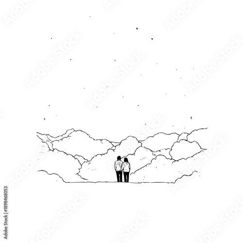 A couple stands together gazing at the night sky above a sea of clouds in a black and white drawing