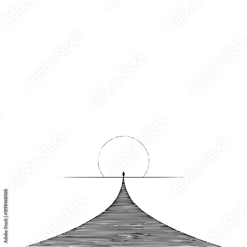 A solitary figure stands at the peak of a striped hill beneath a large circle in a minimalist landscape