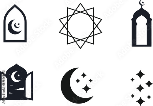 Islamic Geometric Patterns Crescent Moon Stars and Architectural Elements Keywords: archway, window, gate, crescent moon, stars, night, geometric