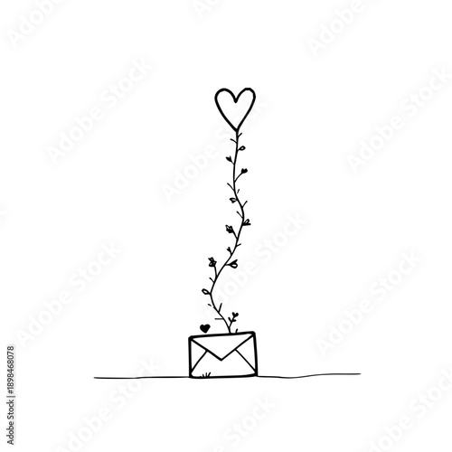 A whimsical drawing of an envelope with a heart shaped flower growing out of it in black and white