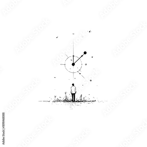 A lone figure stands before a clock in a field of grass under a bright sky symbolizing time and solitude