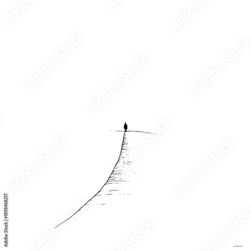 A lone bird perched at the end of a stark black path against a white background creating a minimalist scene