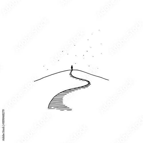 A minimalistic drawing of a person standing atop a hill with a winding path under a starry sky above them