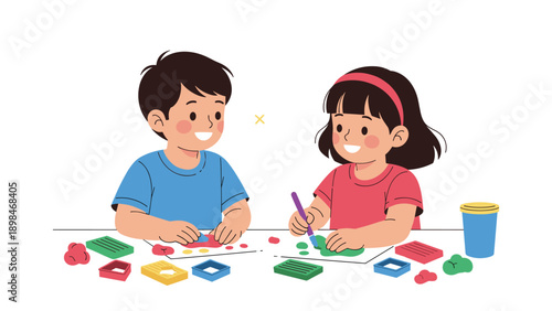 Two creative children sit at a table and enjoy playing with colorful modeling clay and various shaped molds together.