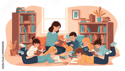 Teacher sits on the floor of a cozy library and reads a story to a group of attentive children surrounded by bookshelves.
