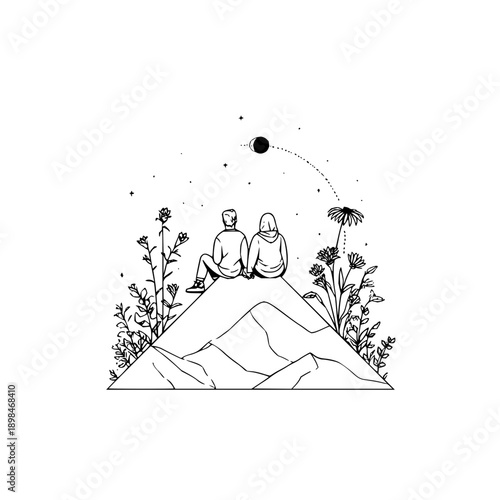 Foto Couple sitting on a mountain peak surrounded by flowers under a starry sky and a
