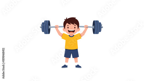 Energetic young boy successfully lifts a heavy barbell over his head showing strength and determination during a workout.