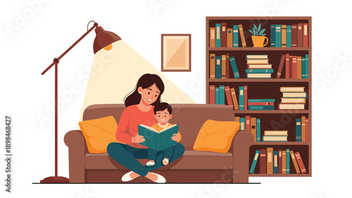Loving mother sits on a comfortable sofa and reads a bedtime story to her young child under the light of a floor lamp.