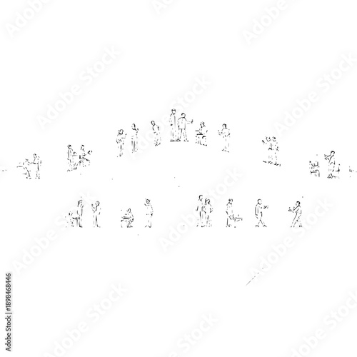 Illustration depicting a gathering of sketched people in various poses and interactions on white background