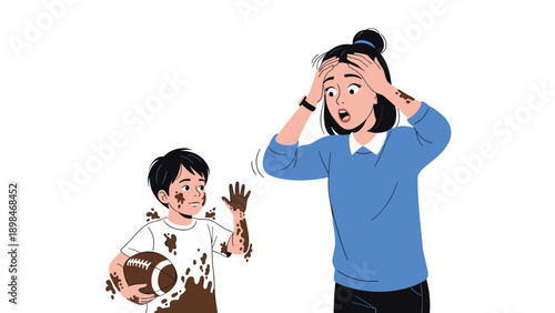 Concerned mother looks on in shock as her young son returns home completely covered in mud while holding a football.
