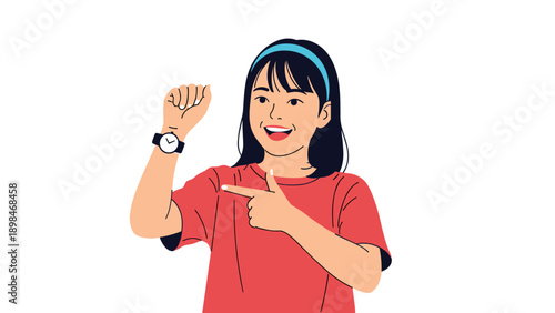 Happy young girl in a red shirt points towards her blue wristwatch to show that she is on time for her next activity.
