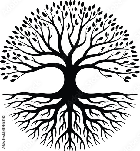 Tree of life silhouette illustration with detailed roots and branches, symbolic growth harmony spirituality ancestry nature design isolated art
