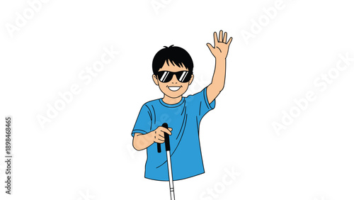 Brave blind boy wearing dark sunglasses and holding a white cane waves his hand with a bright and friendly smile on his face.