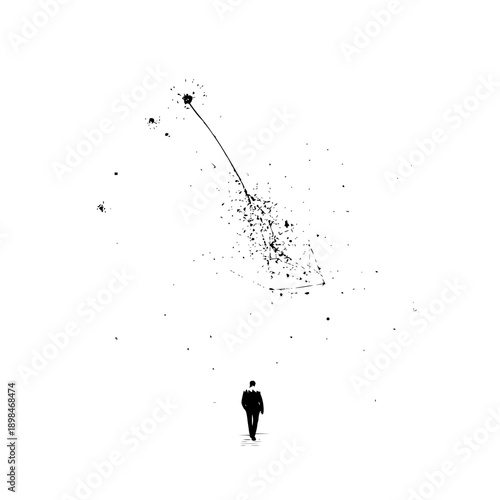 A lone figure walks beneath an abstract constellation of ink splatters in a minimalist landscape art