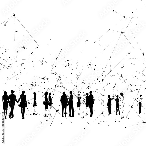 Silhouette of people standing under a network of lines and scattered abstract shapes in black and white