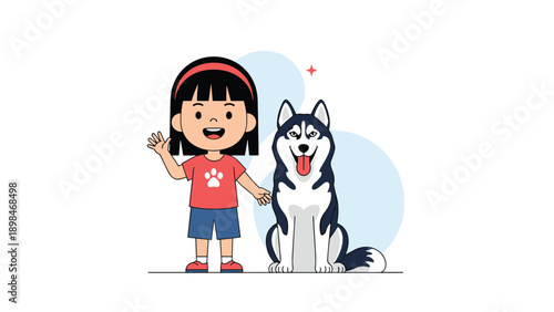 Friendly girl in a red shirt stands next to a large husky dog and waves her hand with a cheerful smile on her face.