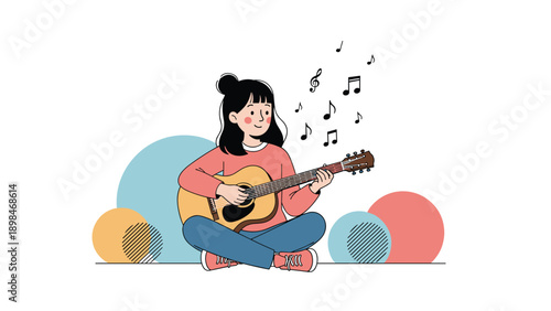 Young girl sitting cross-legged on the floor playing an acoustic guitar as musical notes float through the air.